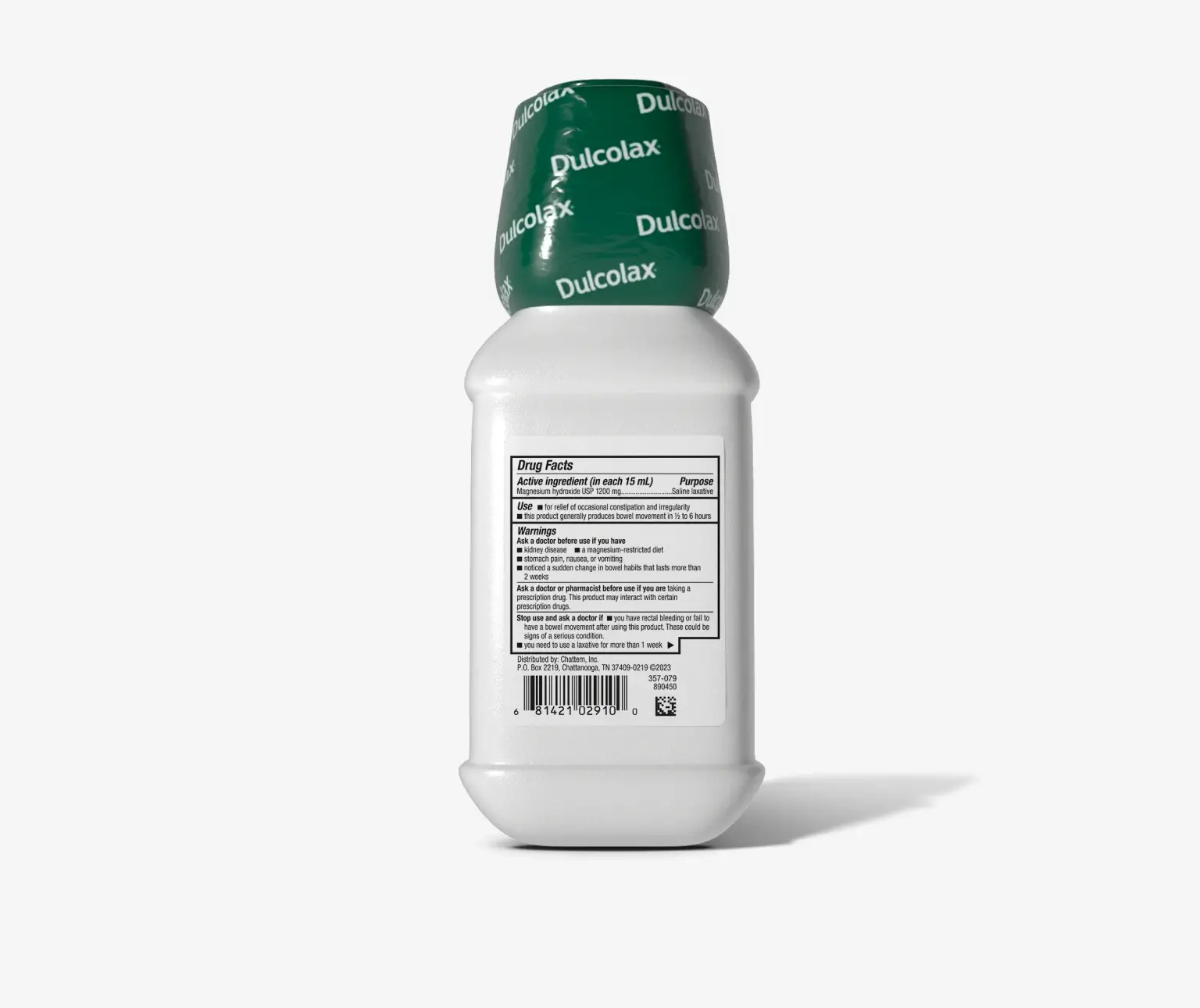 Dulcolax bottle with green cap showing drug facts label on a white background.